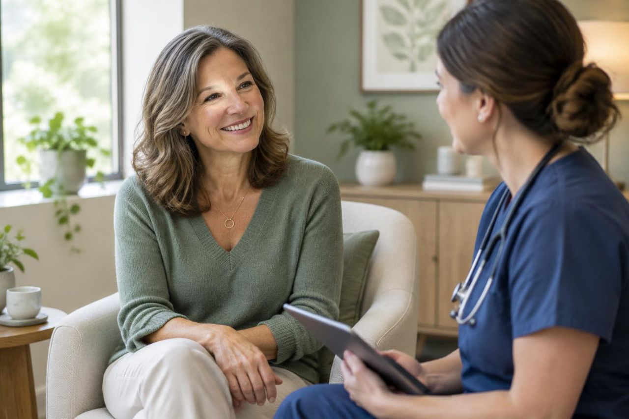 Woman discussing menopause and hormone therapy with a clinician at Optimal Body & Health in Mount Vernon and Mansfield, Ohio