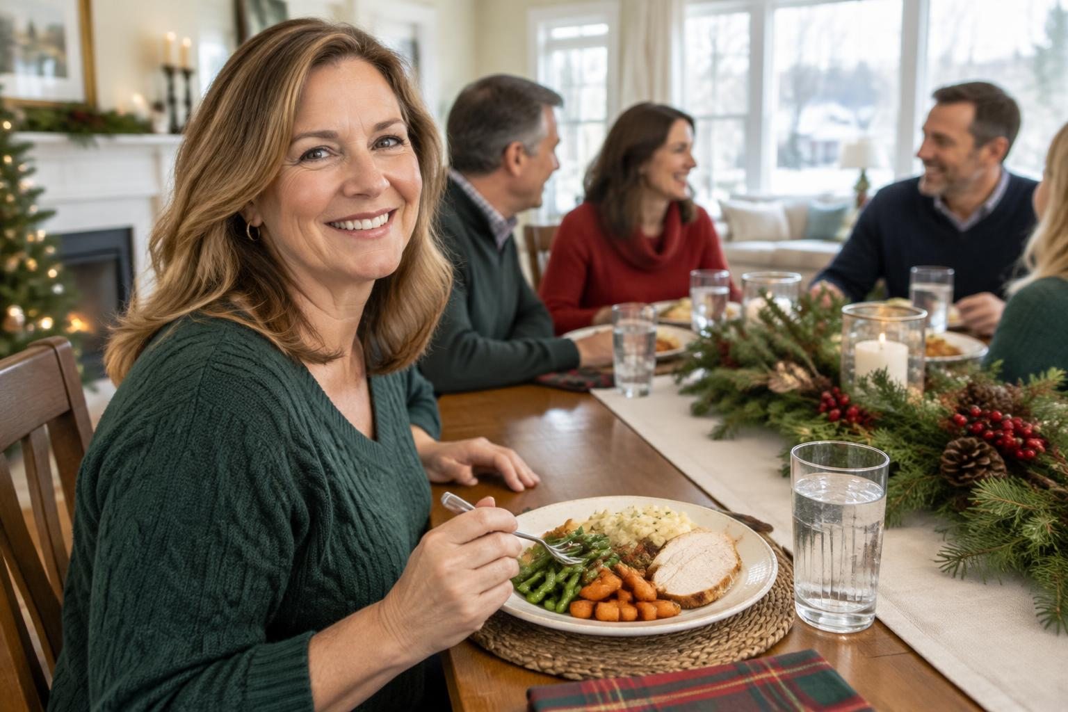Generated holiday meal scene with turkey, vegetables and water for a GLP-1 guide serving Mount Vernon and Mansfield, Ohio